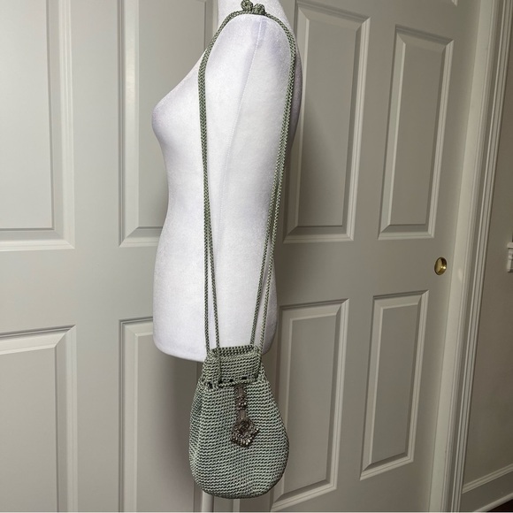 NWOT Varsha Patel Woven Crochet Drawstring Crossbody Shoulder Bag Silver Detail - Picture 3 of 13